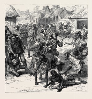 THE ASHANTEE WAR: THE NAVAL BRIGADE CLEARING THE STREETS OF COOMASIE, 1874