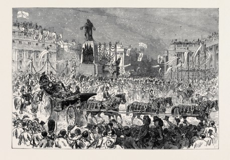 THE ROYAL ENTRY INTO LONDON: THE PROCESSION PASSING THE GUARDS' MEMORIAL, WATERLOO PLACE, 1874