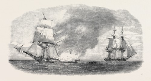 BURNING OF THE SHIP "THE THOMAS THOMPSON," ON HER VOYAGE FROM BOMBAY TO LIVERPOOL, THE CREW RESCUED