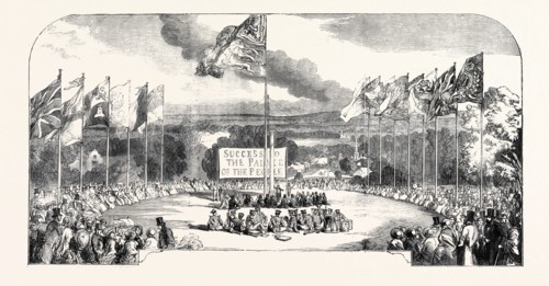 THE NEW CRYSTAL PALACE, SYDENHAM, PLACING THE FIRST PILLAR, 1852