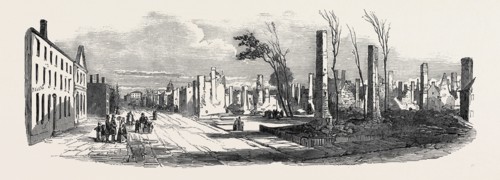 RUINS OF THE GREAT FIRE AT MONTREAL, ST. DENIS STREET, NEAR THE BISHOP'S CHURCH, 1852