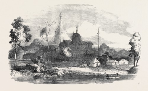 THE BURMESE WAR: BUILDING USED AS THE FIELD HOSPITAL, DURING THE STORMING OF RANGOON, 1852