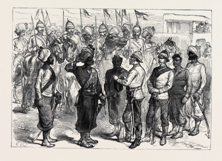 THE AFGHAN WAR: DECORATING A NATIVE SOLDIER WITH THE ORDER OF BRITISH INDIA, AT KHELAT-I-GHILZAI,