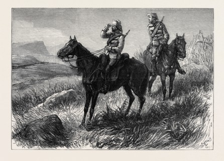 THE ZULU WAR: FRONTIER LIGHT HORSE ON VIDETTE DUTY DISCOVERING ZULUS NEAR COLONEL WOOD'S CAMP, 1879