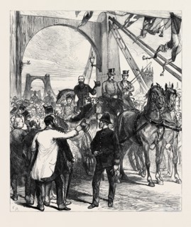 OPENING THAMES BRIDGES FREE OF TOLL: THE METROPOLITAN BOARD OF WORKS RECEIVING THE PRINCE AND