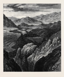 AFGHANISTAN: THE CABUL RIVER: GORGE WHERE IT ENTERS THE PLAIN OF JELLALABAD, THE HINDOO KOOSH IN