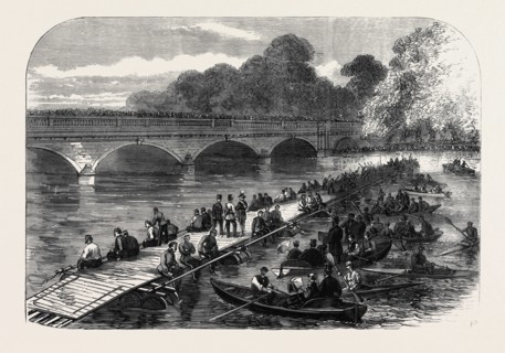 THE 1ST MIDDLESEX VOLUNTEER ENGINEERS THROWING A BARREL-PIER BRIDGE OVER THE SERPENTINE, 1867