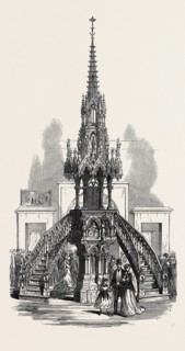 THE PARIS INTERNATIONAL EXHIBITION: CARVED OAK PULPIT IN THE RUE DE BELGIQUE, FRANCE, 1867