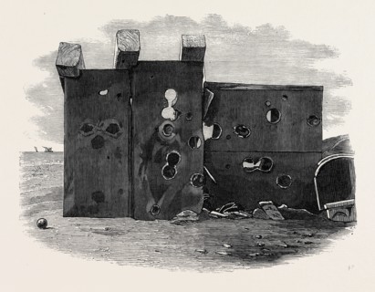 EFFECTS OF THE MACKAY GUN ON THE AGINCOURT TARGET, CROSBY SANDS, NEAR LIVERPOOL, UK, 1867