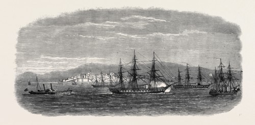 THE CAPTURED GREEK BLOCKADE-RUNNER ARKADI, TOWED UP THE DARDANELLES, 1867