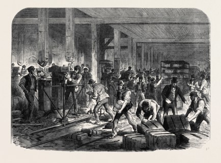 THE BRITISH EXPEDITION TO ABYSSINIA: PREPARING COMPRESSED FORAGE AT THE GLOBE WHARF, REGENT'S