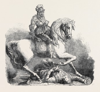 THE INTERNATIONAL EXHIBITION: "CHARLES I. AND HIS STANDARD-BEARER," IN ALUMINIUM, EXHIBITED BY BELL