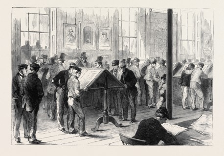 THE COTTON FAMINE: OPERATIVES READING THE LATEST NEWS FROM AMERICA, A SCENE IN CAMPFIELD FREE