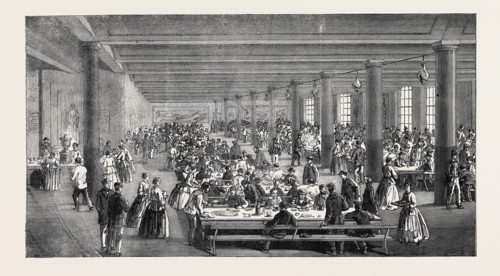 THE COTTON FAMINE: WORKING MEN'S DINING HALL, GAYTHORN COOKING DEPOT, MANCHESTER, 1862