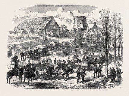 THE AUSTRO-PRUSSIAN WAR: PROVENDER WAGGONS OF THE PRUSSIAN ARMY PASSING THE SAXON FRONTIER, 1866