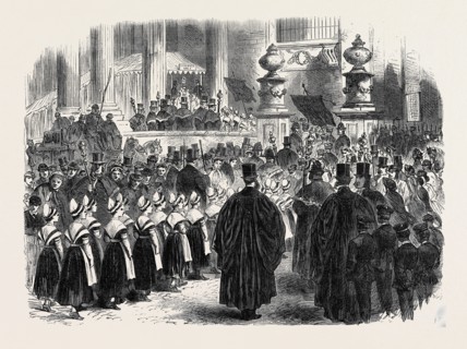 ANNUAL FESTIVAL OF CHARITY CHILDREN IN ST. PAUL'S CATHEDRAL: THE SOUTH DOOR, 1866, LONDON, UK