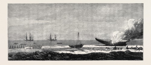 EXPEDITION OF A BRITISH FORCE FROM ADEN TO SHUGRA: EMBARKATION OF THE TROOPS AND BURNING OF A DHOW,