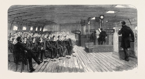 DIVINE SERVICE ON BOARD THE TRAINING SHIP "INDEFATIGABLE" AT LIVERPOOL, UK, 1866