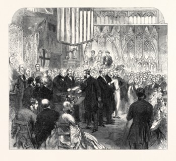 MR. PEABODY DISTRIBUTING THE PRIZES AT THE WORKING CLASSES INDUSTRIAL EXHIBITION, GUILDHALL, UK,
