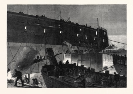 LAUNCH OF THE NORTHUMBERLAND: FIXING THE CAMELS AT NIGHT, 1866