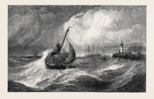 "FRESHENING GALE, SCARBOROUGH, FISHING BOATS RETURNING TO HARBOUR," BY E. HAYES, FROM THE ROYAL