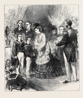 PRINCESS LOUISE GIVING THE PRIZES IN THE CLYDE TRAINING-SHIP CUMBERLAND, 1871