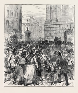 ILLNESS OF THE PRINCE OF WALES: POSTING THE BULLETIN AT THE MANSION HOUSE, 1871