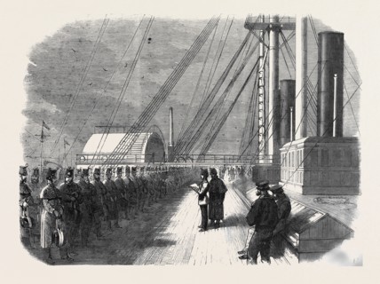 CALLING THE ROLL ON BOARD THE GREAT EASTERN SHORTLY BEFORE HER DEPARTURE FROM THE MERSEY WITH