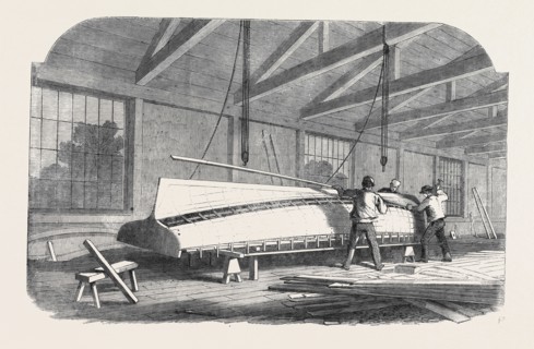 PUTTING THE PARTS TOGETHER ON THE ASSEMBLING FORM, THOMPSON'S BOATBUILDING MACHINERY