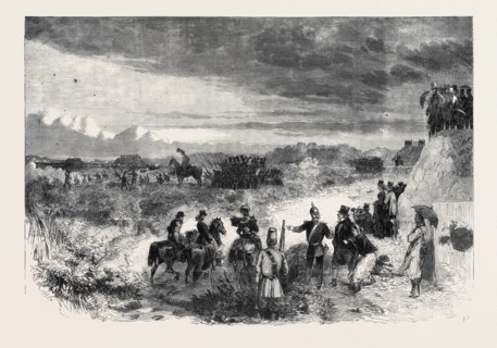 THE REVIEW ON SATURDAY LAST AT WIMBLEDON COMMON: SKIRMISHERS FORMING SQUARES TO RESIST CAVALRY, THE