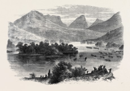 THE QUEEN'S VISIT TO IRELAND: THE ROYAL BARGE PROCEEDING THROUGH THE UPPER LAKE OF KILLARNEY TO