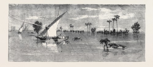 VIEW BELOW KAFR ZAYAT, SHOWING THE RAILWAY BRIDGE, AND TRAIN OFF THE LINE, INUNDATION OF THE NILE
