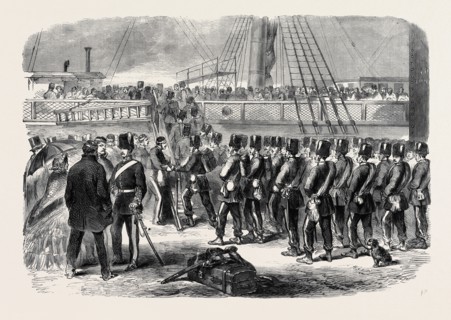 EMBARKATION AT WOOLWICH OF THE E BATTERY FOURTH BRIGADE OF ROYAL FIELD ARTILLERY ON BOARD THE