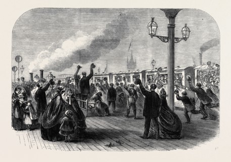 REINFORCEMENTS FOR CANADA: THE GUARDS LEAVING THE SOUTH WESTERN RAILWAY STATION FOR SOUTHAMPTON,