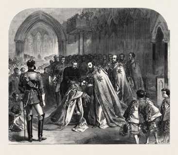 THE GRAND MASTER INVESTING THE PRINCE OF WALES WITH THE ORDER OF ST. PATRICK, IN ST. PATRICK'S