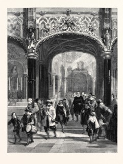 "THE CORPORATION OF ARCHERS LEAVING THE CHURCH OF LIERRE, BELGIUM, AFTER HEARING MASS ON ST.