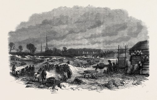 THE DISTRESS AT COVENTRY, WEAVERS EMPLOYED IN LEVELLING WITLEY COMMON AND BURNING THE GORSE, 1861