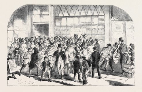 THE DERBY DAY: ANNOUNCEMENT OF THE WINNER AT "BELL'S LIFE" OFFICE