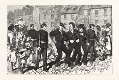 VIRGINIA: AFTER THE NAVAL REVIEW AT HAMPTON ROADS, MARINES GATHERING DELINQUENT SAILORS IN THE