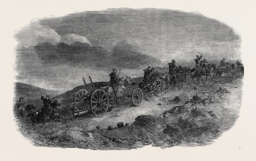 BEFORE SEBASTOPOL, ARTILLERY TAKING LANCASTER GUNS DOWN TO THE FIRST PARALLEL BY NIGHT; CRIMEAN WAR