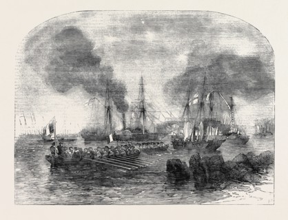 THE BOMBARDMENT OF SVEABORG: FRENCH GUN BOATS GOING TO THE BATTERY WITH SHOT AND SHELL, SKETCHED BY