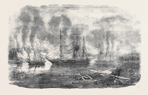 "THE BULLDOG" AND "STARLING" INTERCEPTING TRADING VESSELS, SKETCHED BY J.W. CARMICHAEL