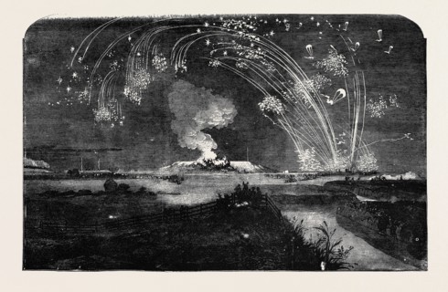 NEWS OF THE FALL OF SEBASTOPOL, SHOWER OF PARACHUTE ROCKETS AND BONFIRE, IN WOOLWICH MARSHES