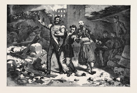 SCENE IN A STREET OF SEBASTOPOL, ALLIED SOLDIERS SINGING "NO MORE TRENCHES," TO THE AIR OF "DES