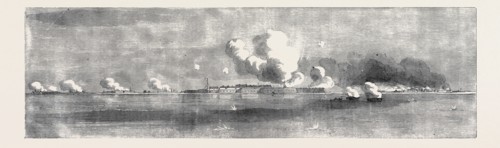BOMBARDMENT OF KINBURN, VILLAGE ON FIRE, SKETCHED BY AN OFFICER OF THE EXPEDITION