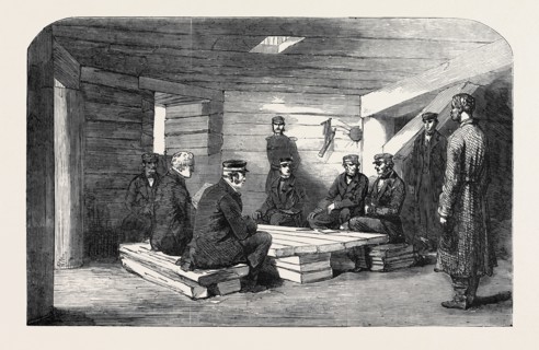 ADMIRALS SIR E. LYONS AND SIR HOUSTON STEWART, WITH OTHER OFFICERS, IN A CASEMATE IN THE SPIT