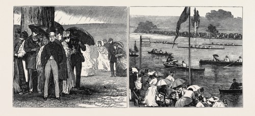 HENLEY REGATTA; LEFT: THE HENLEY SHOWER, RIGHT: VIEW OF THE COURSE FROM THE LAWN