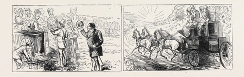 LEFT: THE OLD BORE WHO ALWAYS APPEARS AT LUNCHEON TIME, RIGHT: HOME ON COUSIN TOM'S COACH; GOODWOOD