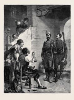 BILLETED, SPAIN, 1874, FROM THE PICTURE BY HAYNES WILLIAMS IN THE EXHIBITION OF THE ROYAL ACADEMY
