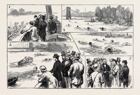 SWIMMING MATCH IN THE THAMES FOR THE AMATEUR CHAMPIONSHIP; 1. The Plunge. 2. The Race: Hammersmith